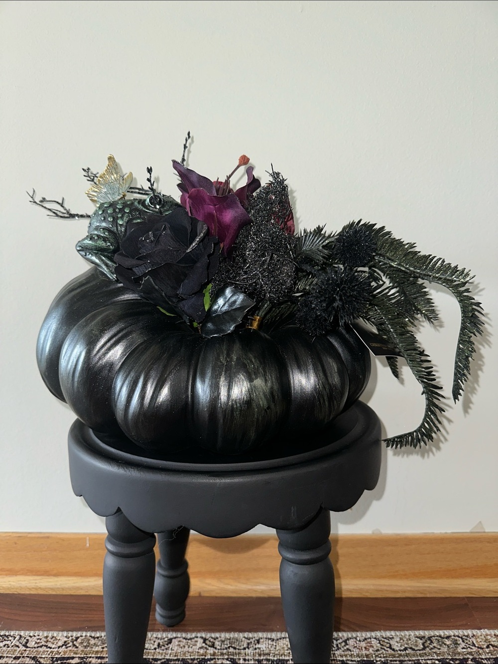 Halloween Black Decorative Pumpkin toad with butterfly Floral Arrangement